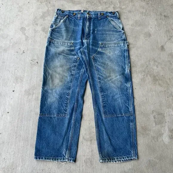 Carhartt faded denim blue jean double knee work wear carpenter pants - Picture 1 of 15